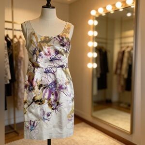 Elie Tahari Ivory Floral Midi Dress with Purple and Gold Accents